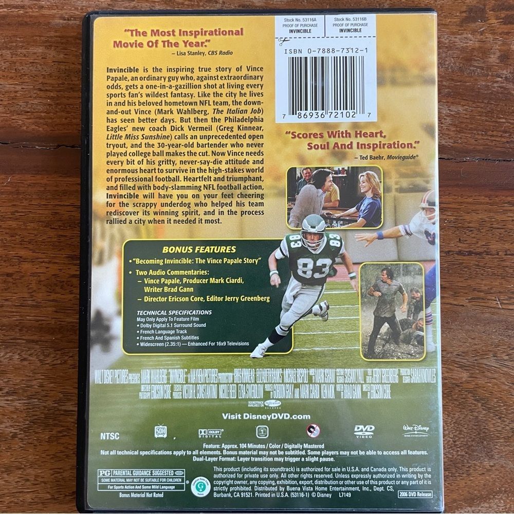 Invincible DVD Movie 2006 Like New Condition True Story Mark Wahlberg - Picture 3 of 6